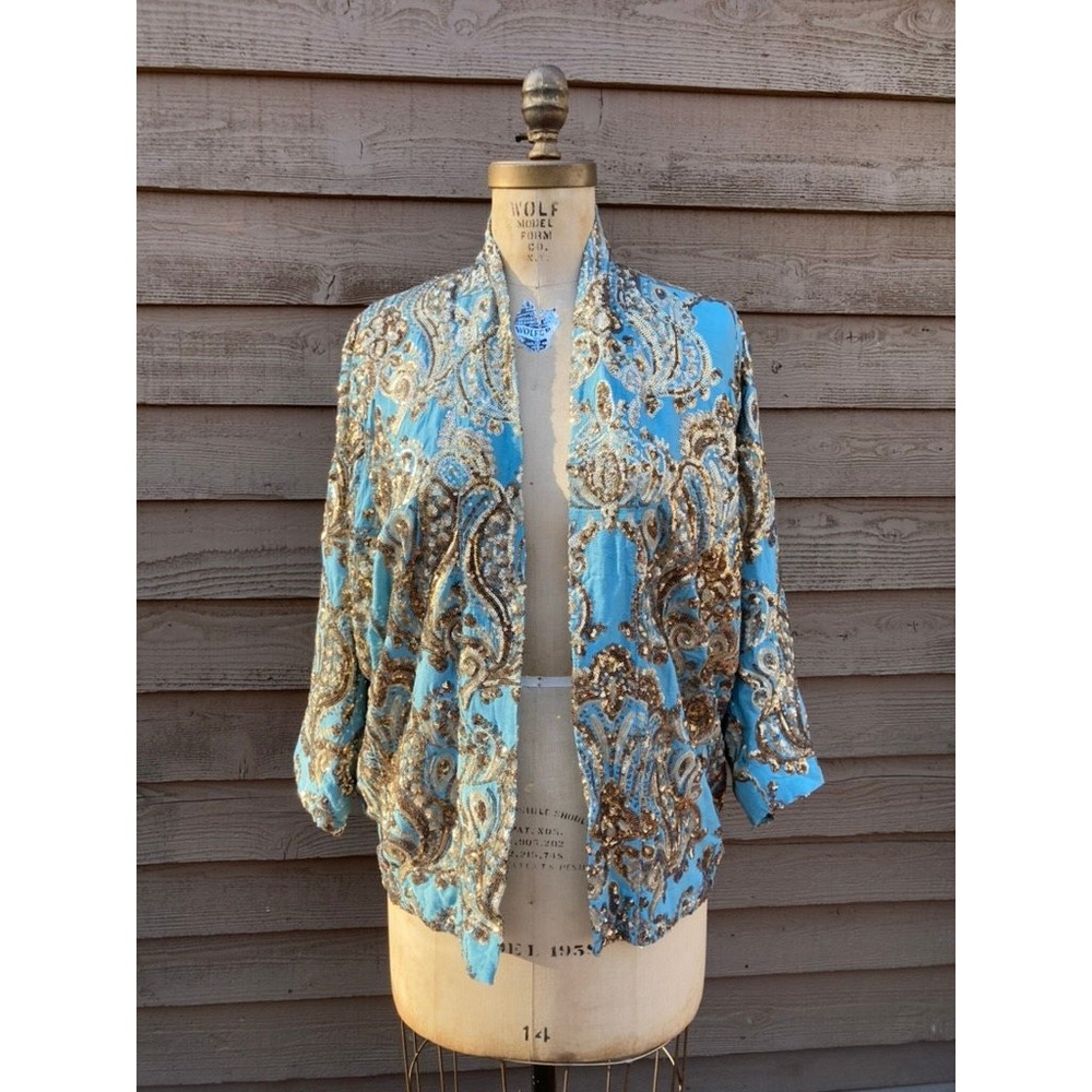 Anthropologie Staring at Stars Turquoise Gold Sequin Paisley Kimono Jacket XS/S